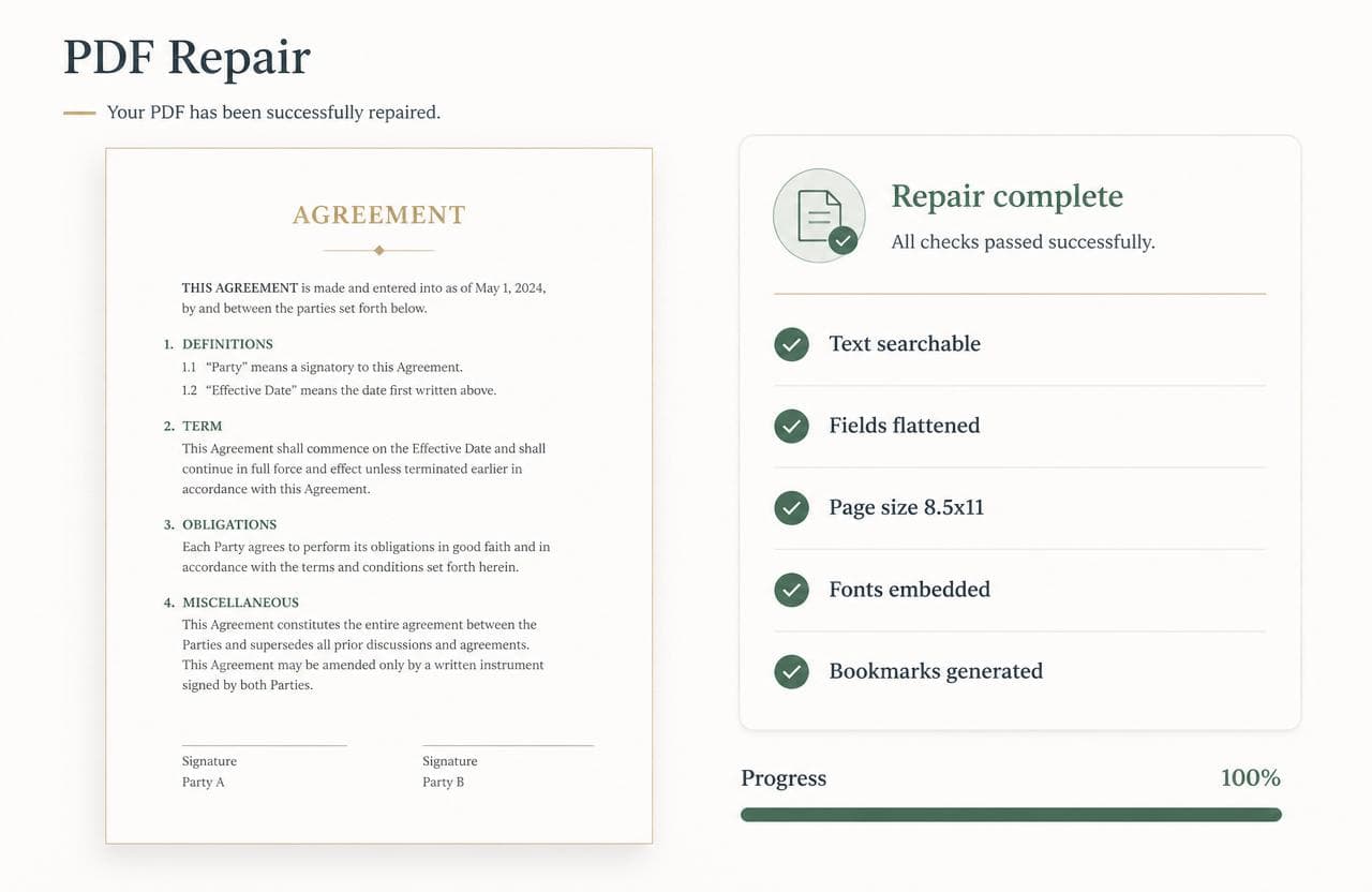 A repaired PDF alongside a compliance checklist showing every court requirement passed.